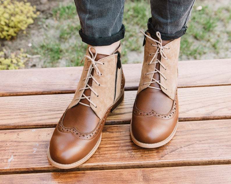 Beige Brown Derby Wingtip Formal Classic Laceup Leather Women's Ankle Boots