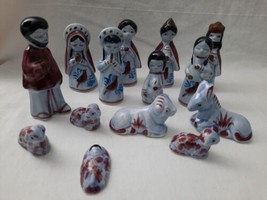 Signed Vintage Mexican Tonala Folk Art Pottery Nativity Set 14 Pieces Blue &amp; Red - £35.57 GBP