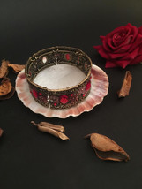 Vintage Opened Metal Bangle Bracelet with Red Beads and flowers Christma... - $9.85