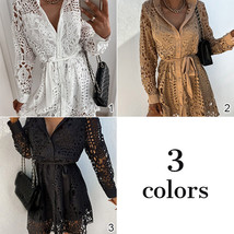 Womens Sexy Hollow Lace Long Sleeve Shirt Dress Lady Short Dress Party C... - £21.78 GBP