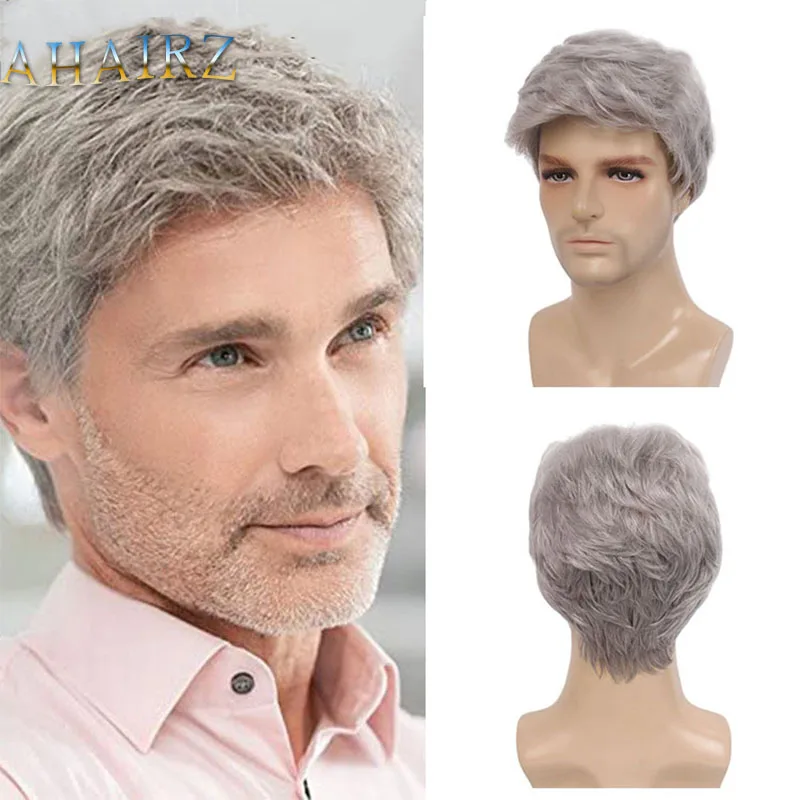 Synthetic Men&#39;s Wig Short Silver Gray Wig Male Curly Pixie Cut Blonde Natur - £16.22 GBP+