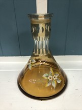 VIntage 9.5” Amber Glass Decanter 3D Hand painted Flowers Gold Trim - £33.16 GBP