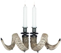 Candlesticks Pair Ram Horn Traditional OK Casting Hand Painted Antique Look New - £406.79 GBP