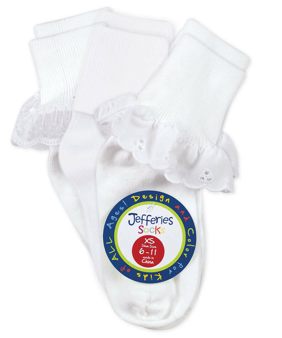 Jefferies Socks Girls Lace Dress Eyelet Fancy Tutu White Cotton Turn Cuff 3 PK - $11.99