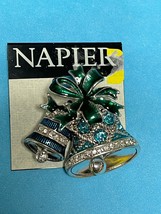 Napier Blue &amp; Green Enamel Silvertone Christmas Holiday BELLS w Rhinestone Accen - £17.48 GBP