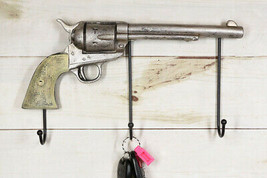 Rustic Western Country Cowboy Revolver Pistol Gun 3-Peg Wall Hooks Plaque - £24.92 GBP