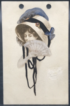 1910 Pretty Lady w/ Large Hat Blue Feathers &amp; Fan Postcard Germany - $7.69