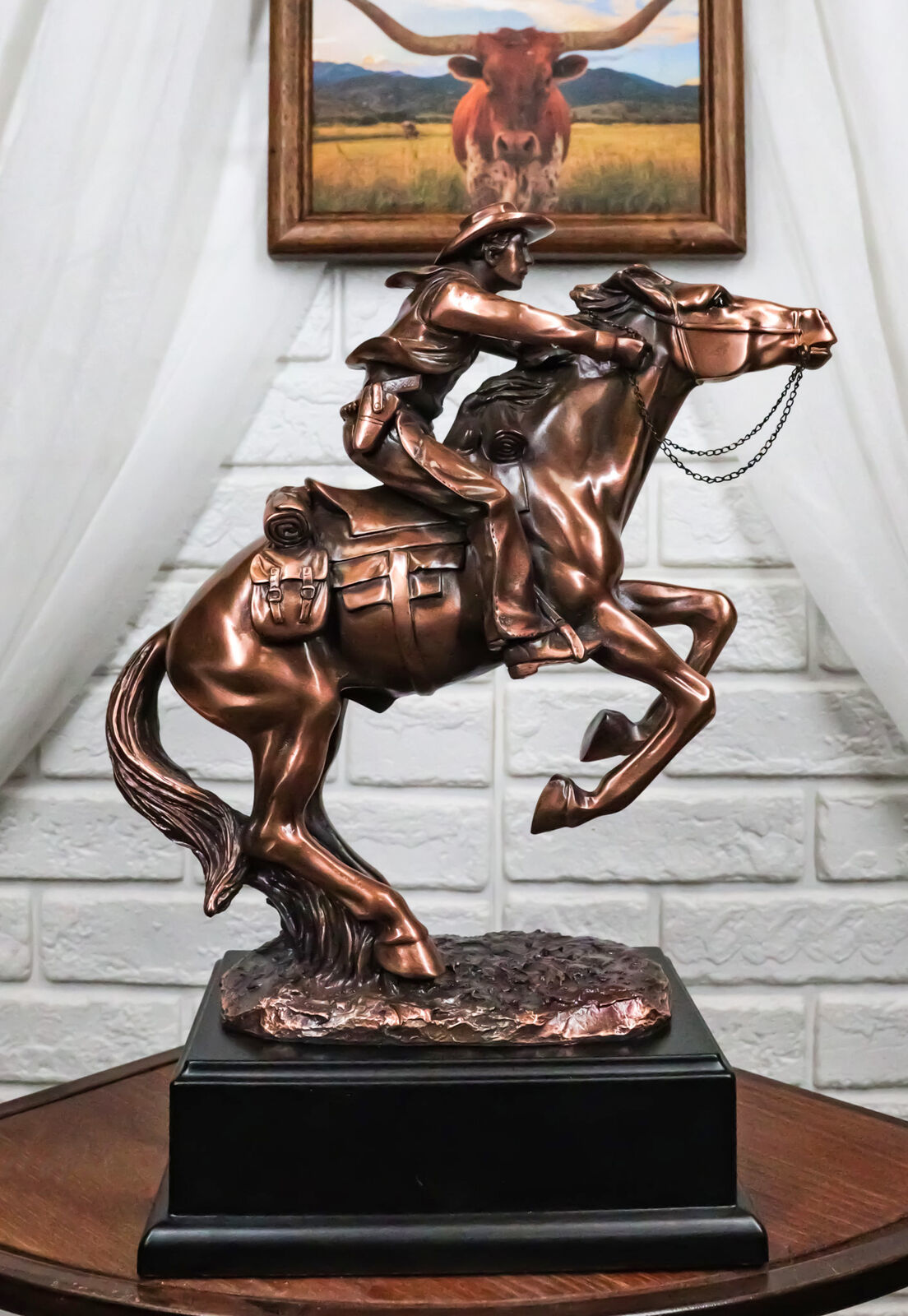 Rustic Western Wild Cowboy Bracing On A Galloping Horse Bronzed Resin Statue Item image 12