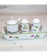 Vintage Porcelain Salt Pepper Mustard Jar Set w Tray Philippe Deshoulier... - £37.44 GBP