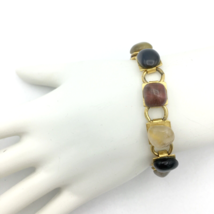 POLISHED STONE book chain bracelet - vintage multicolor gold-tone panel ... - $18.00