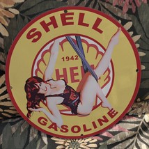 Vintage 1942 Shell Gasoline Motor Engine Fuel Porcelain Gas & Oil Pump Sign - £98.36 GBP