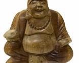 HAND CARVED CHINESE LAUGHING SITTING HAPPY BUDDHA WOOD BASE 5.5&quot; FIGURIN... - $19.60