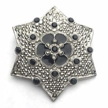 Silver Tone Black Onyx Enamel Brooch Pin Star Marked Signed 1928 Brand - £10.32 GBP