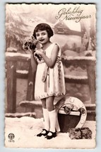 New Year Postcard Girl White Socks Horseshoe Flowers Dutch Text NOYER Photo - £10.18 GBP