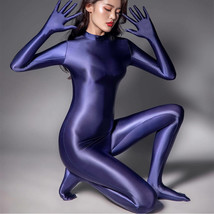 Plus Glossy Satin One-Piece Bodysuit Zipper Back Leotard W Finger Gloves Catsuit - £17.45 GBP