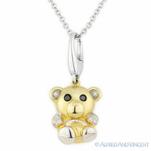 0.05ct Diamond Teddy Bear Animal Charm Necklace Pendant 14k Yellow &amp; White Gold - £267.79 GBP