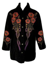 Bob Mackie Black Fleece Boho Floral Fork Art Embroidered Button Front Coat L - £36.35 GBP