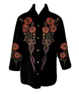 Bob Mackie Black Fleece Boho Floral Fork Art Embroidered Button Front Co... - £35.94 GBP