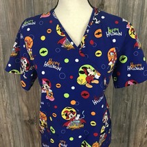 Disney Women&#39;s Mickey &amp; Minnie Mouse Halloween Scrub Top V-Neck Cotton S... - £14.17 GBP