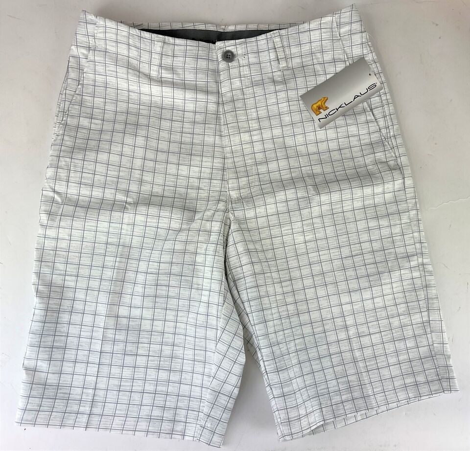 Jack Nicklaus Golf Shorts - White/Gray Check Poly Stretch Flat Front - 2... - $9.99
