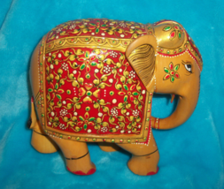 Indian Gold &amp; Red Solid Wood Elephant Statue Figure- 6&quot; x 7” -Home Decor - £27.17 GBP