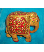 Indian Gold &amp; Red Solid Wood Elephant Statue Figure- 6&quot; x 7” -Home Decor - £26.74 GBP
