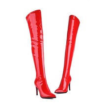 Big Plus Size 46 PU Patent Leather Thigh Boots Women Stretch Gloss Thin High Hee - £93.68 GBP