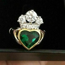 3.50Ct Heart Shape Lab-Created Emerald Claddagh Crown Ring 14K White Gold Plated - £64.25 GBP