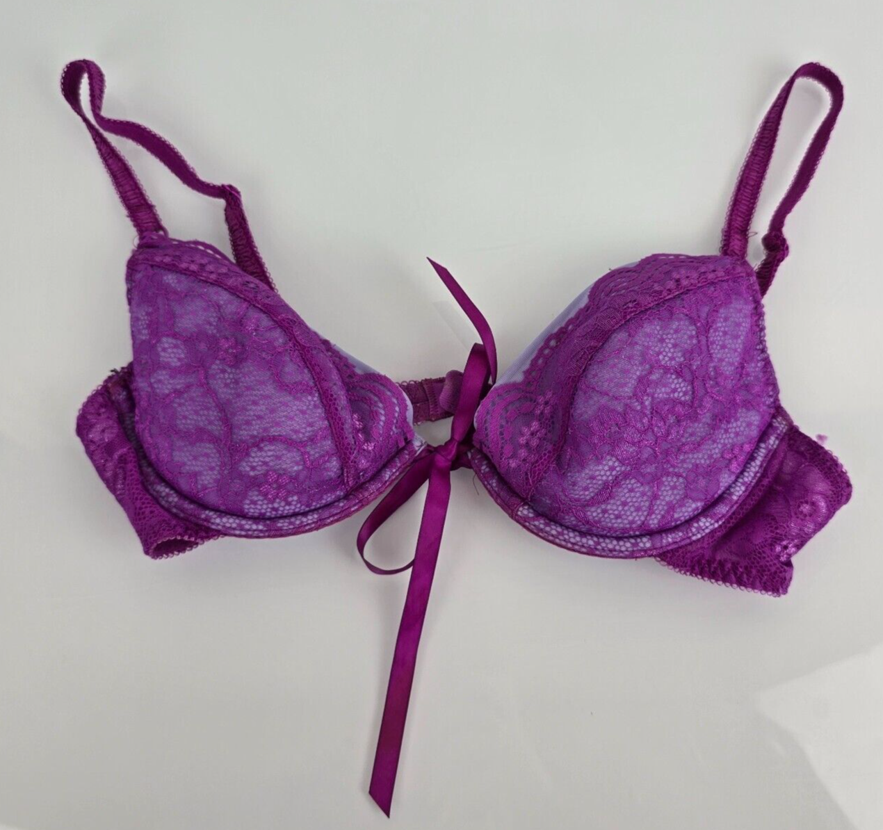 Victoria&#39;s Victorias Secret Purple Lace Adjustable Ribbon Bow Bra 2004 V... - $24.74
