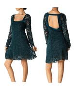 Free People Teal Lace Velvet Trim Long Sleeve Mini Dress M - €23,48 EUR