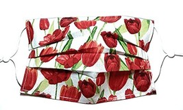 Pleated Red Tulip Face Mask, White Green Leaf Stem Floral Flower Garden ... - $18.71 CAD