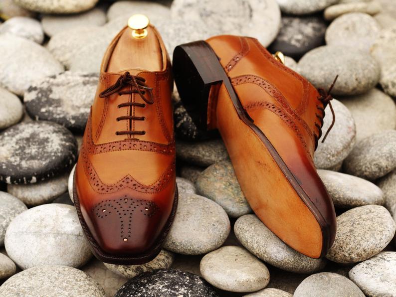 Handmade Men's Tan Brown Leather Wing Tip Lace Up Shoes, Men Dress Fashion Shoes