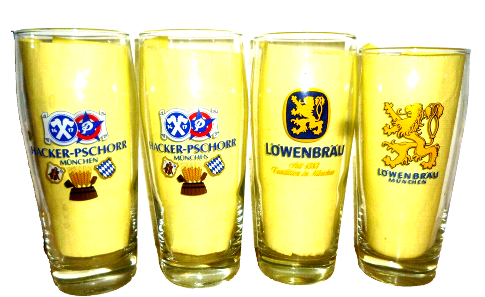 4 Hacker Pschorr & Lowenbrau Munich 0.5L German Beer Glasses - £16.19 GBP