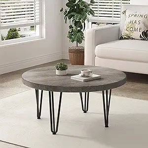 Rustic Wood Round Coffee Table With Metal Legs, Solid Elm Wood Top And N... - $296.99