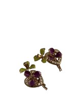 Vintage Heart Flower Earrings Screw Back Purple Enamel Rhinestones Gold Tone - £15.00 GBP