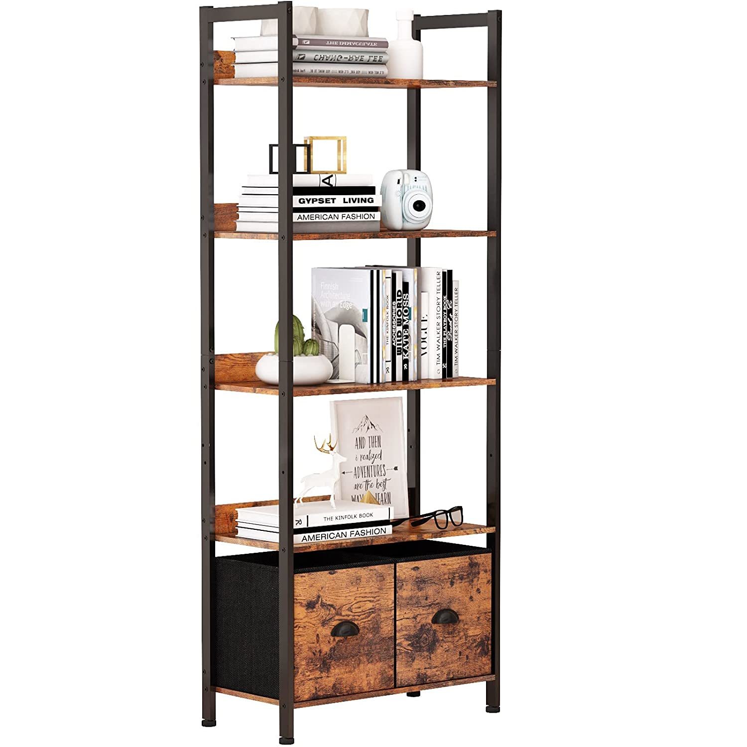 Primary image for 5-Tier Bookshelf, Tall Bookcase With 2 Storage Drawers, Industrial Display Stand