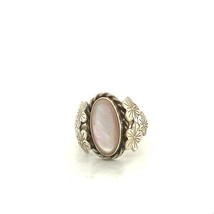 Vintage Sterling Silver Oval Pink MOP with Floral Carve Dome Ring Band sz 6 1/2 - £35.04 GBP