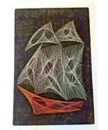 VTG 70s STRING &amp; WIRE NAIL ART SHIP SAILBOAT 24&quot; x 16&quot; RETRO Faux Velvet - £23.88 GBP