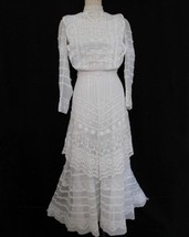 Antique Edwardian White Embroidered Mesh Dress XXS Pouter Pigeon Waist Overskirt - £359.64 GBP