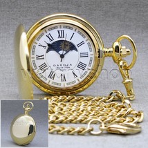 Gold Color Pocket Watch Sun &amp; Moon Polish Brass Case with Chain Gift Box P50GR - £30.06 GBP