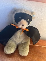 Small Super Cute Tan Plush Teddy Bear w Black Halloween Mask &amp; Cape Stuffed Anim - £9.02 GBP