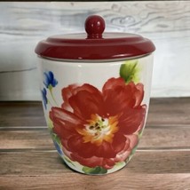Pier 1 Import Red Blue Floral Cookie Jar Canister 7 3/4&quot; Tall Retired - £26.68 GBP