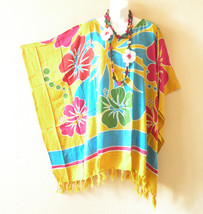 KB218 Yellow Batik Floral Plus Poncho Caftan Hippie Tunic Blouse Top up to 5X - £19.90 GBP