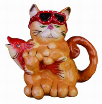 Orange Tabby Cat 1897 Catching Fish 3D Figural Ceramic Teapot Blue Sky 8... - £45.82 GBP