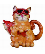 Orange Tabby Cat 1897 Catching Fish 3D Figural Ceramic Teapot Blue Sky 8... - $58.41