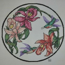 Summer Floral Embroidery Finished Hummingbird Wreath Tropical Hibiscus Vtg - £22.80 GBP