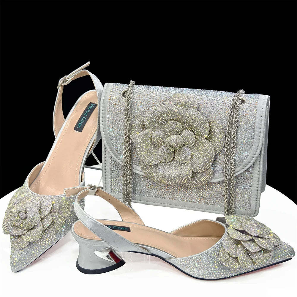 Pointed-Toe Large Flower Decoration Rhinestone Low Heel Italian Design Shoes and Item image 5