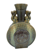 MCM Ceramic Vase Ceramic Asian Lions Round Earth Tones Brown 12&quot; - £58.92 GBP