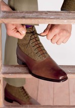 Beige Brown Two Tone Premium Leather Customized Stylish Oxford Lace Up B... - £114.55 GBP