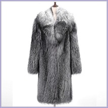 Wild Silver Gray Siberian Coyote Wolf Faux Fur Unisex Executive Long Coat Jacket image 3